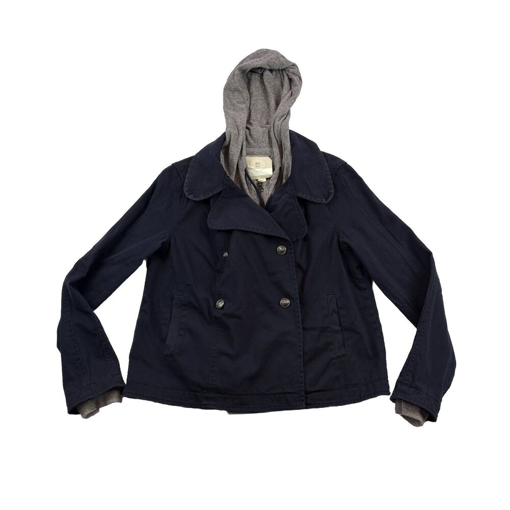 Anthropologie HEI HEI Hooded Peacoat Layered Jacket Womens S Navy Blue + Gray
